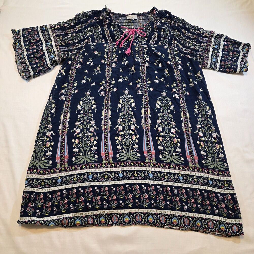 BluHeaven Pink Floral Boho Tunic with Decorative Hem Boarder Womens Size M